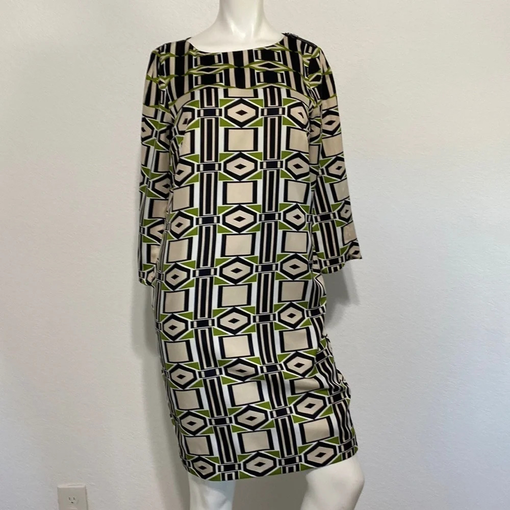 Jones New York Black, Ivory and Green Geometric Shift Dress